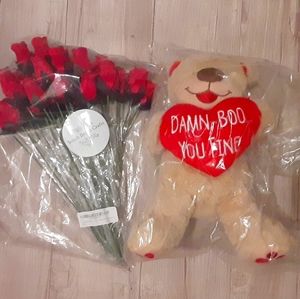 New teddy bear and flower